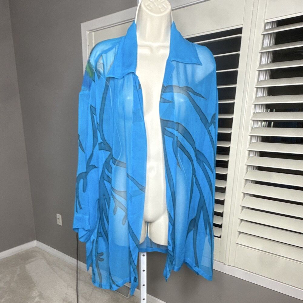 Chicos Design Silk Shirt Blue Abstract Collared Open Style Sz M/L swim cover